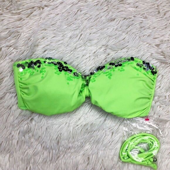 Victoria’s Secret Swim Neon Lime Green Sequin Strapless Padded Bikini Top XS - Picture 1 of 4